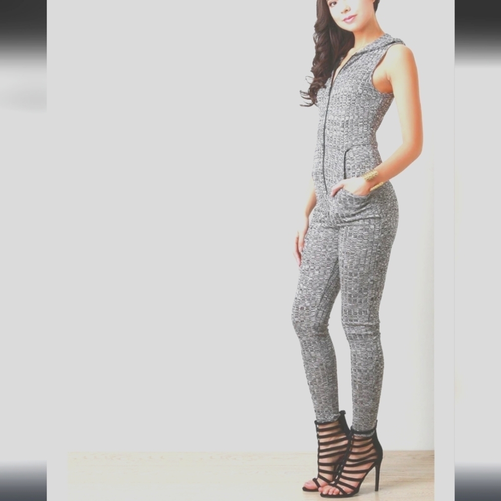 Windsor Grey Heathered Hooded Zip Front Jumpsuit